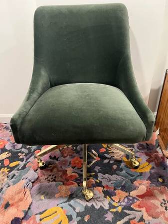 Green Velour Anthropologie swivel chair with brass wheels 1