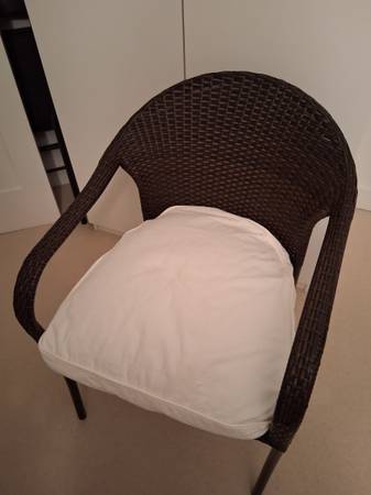 2 Resin wicker chairs with cotton IKEA DJUPVIK cushions, asking $195 f 1