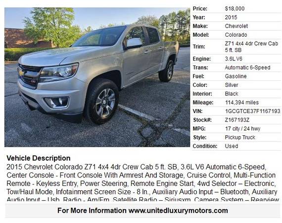 2015 Chevrolet Colorado Z71 4x4 4puertas Cabina Doble 5 ft. SB - $18,000 (Stone Mountain)63620947208449121