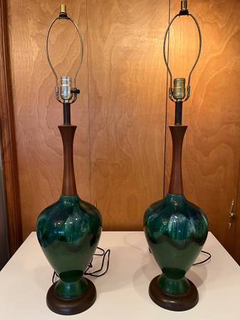 Mid Century modern Green Ceramic and Teak Genie Bottle Lamps 1