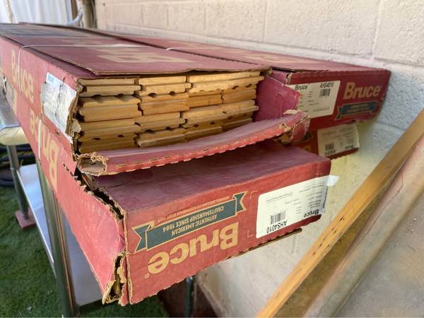 7 cases Bruce Plano Natural Maple ¾” T x 2.25”W x 82” long   16 pieces 1