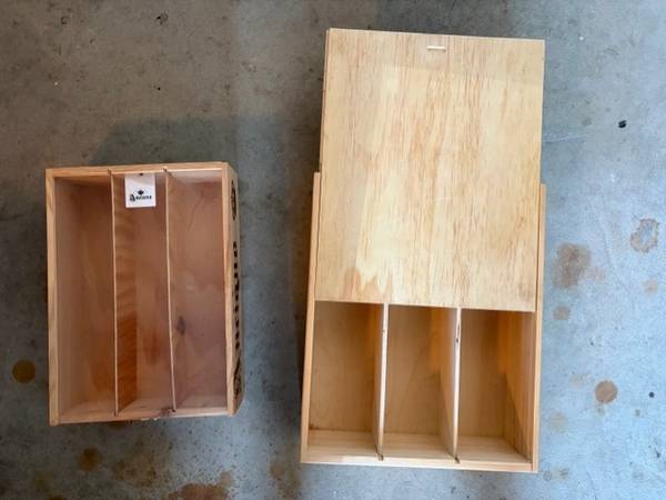 2 wood wine boxes / 3 bottles each.  $30 for both 1