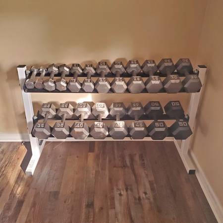 5 to 50lbs Hex Dumbbell and Heavy Rack 1