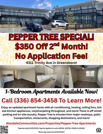 $835 / 1br - Ideally Located 1-Bedroom Apartment for Rent / Pepper Tree Apartments (Greensboro)64027279230210120