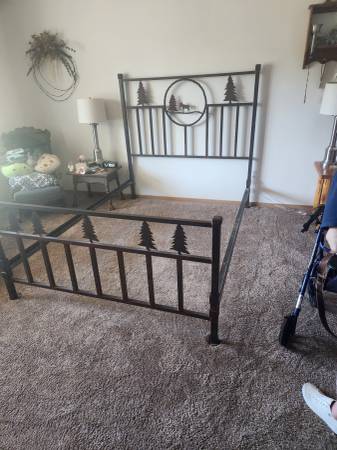 Queen bed frame, mattress, sheets set- wrought iron steel frame 1
