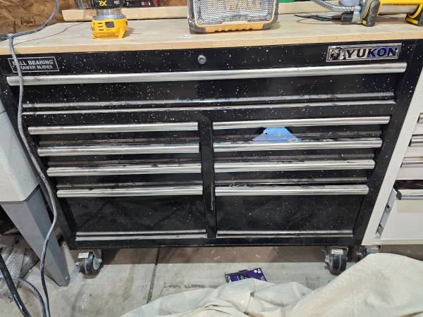 YUKON 46 in., 9-Drawer Mobile Storage Cabinet with Solid Wood Top, Bla 1