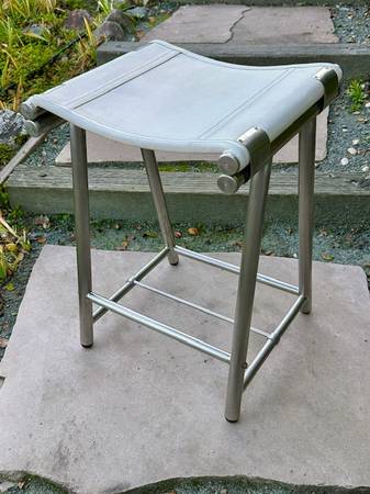 MCM-style Brushed Stainless-Stl Stool w/White Leather Sling Seat 1