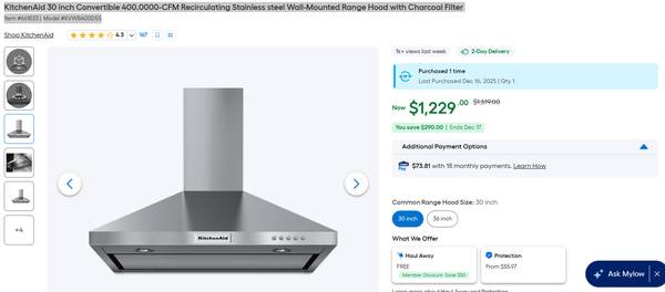 KitchenAid 30 inch Convertible 400.0000-CFM Recirculating Stainless st 1