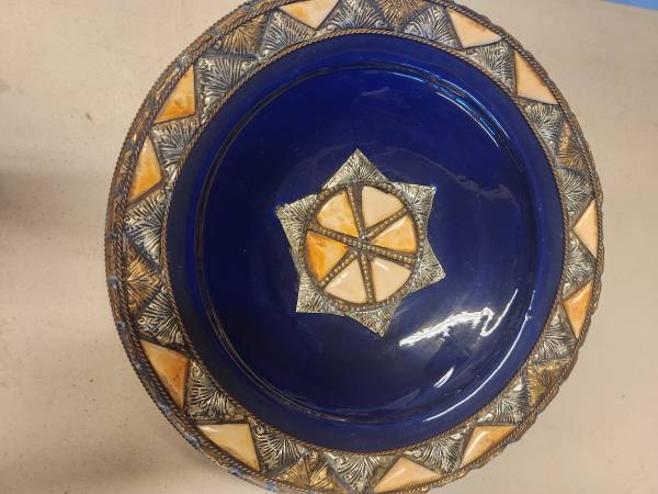 Rare Vintage Pottery Bowl, Cobalt Blue with Brass Metal Inlay 1