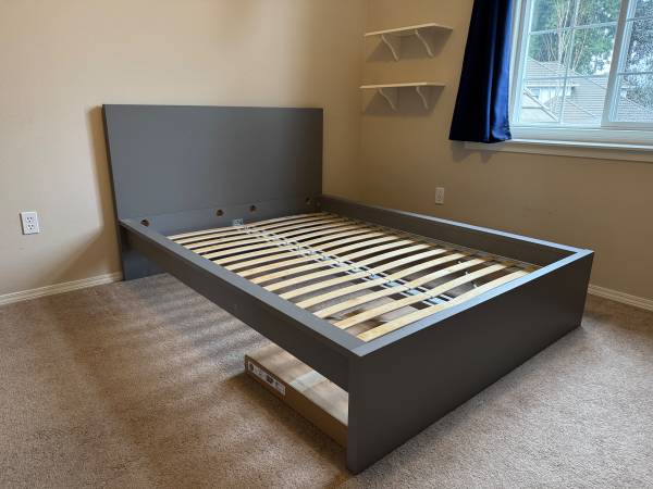 Full size bed frame, slatted base, and drawers 1