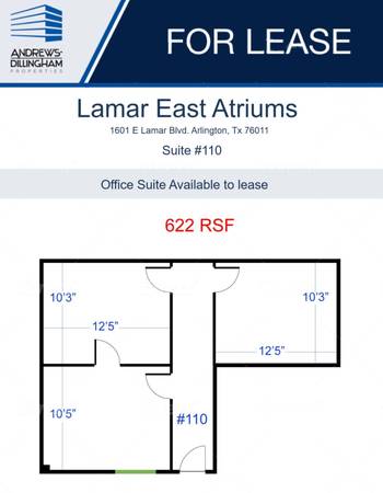 Office Suite #110 for lease Lamar East Atriums 622 RSF $15.00/ RSF 1