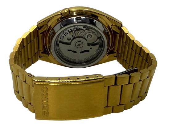 Seiko 5 7S26-0480 Gold Tone Automatic Watch Mosaic Grid Dial Day