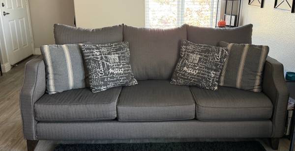 Grey Herringbone Three- Cushion Sofa 1