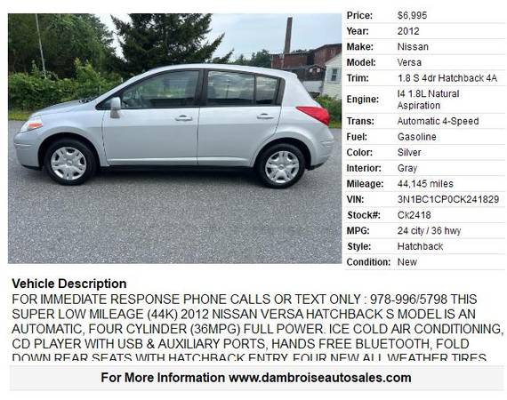 2012 Nissan Versa 1.8 S 4dr Hatchback, 44,145 MILES, LOW, MILES!!!!! - $6,995 (Lowell MA, 978-996/5798)63477951947393121