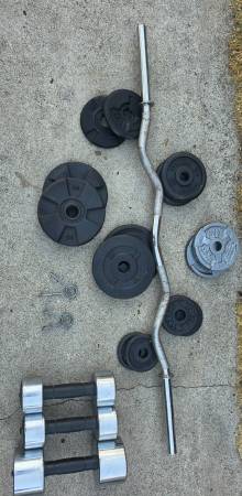 Assorted weight plate set, barbell and dumbbells 1