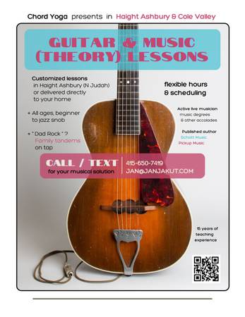 GUITAR & MUSIC THEORY lessons, beginner to jazz snob: flexible hours (haight ashbury)64165355763073120