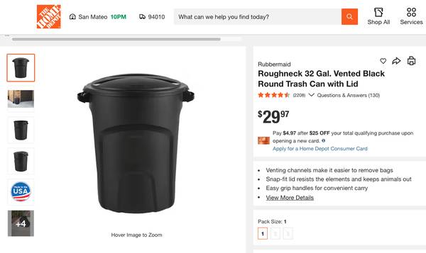 NEW - Roughneck 32 Gal. Vented Black Round Trash Can with Lid 1