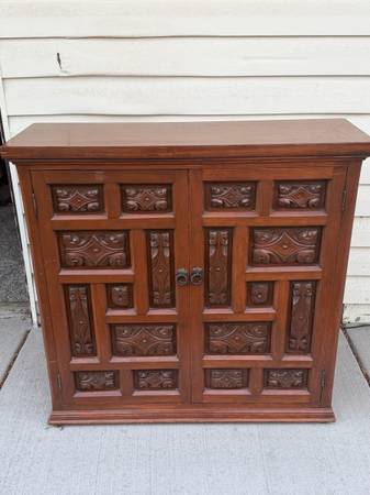 Vintage Spanish Revival Carved Wood Cabinet – Geometric Brutalist Style 1