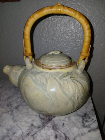 Vintage pottery bamboo handled tea pot 1