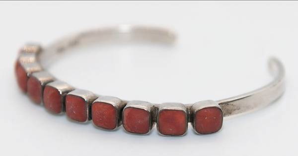 Sterling Silver Red Coral Cuff Bracelet — Signed “NG” 1