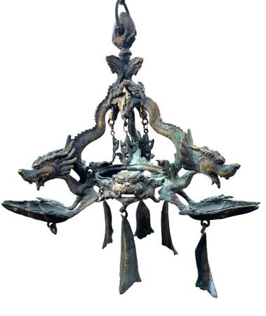 Antique Bronze Old Tibet Triple Dragon Hanging oil Lamp 19th c