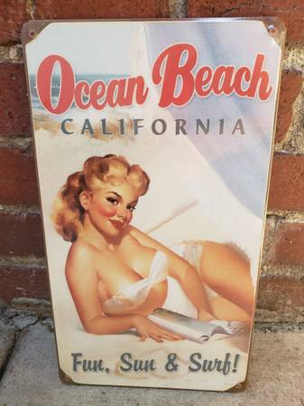 Vintage Retro Metal Poster Pin Up, Ocean Beach CA - House Decor Cabin 1