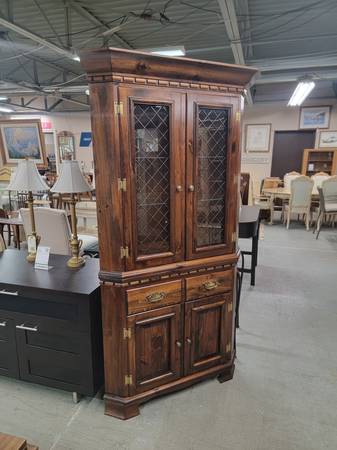 Dark Pine Wood Glass Front Corner Cabinet with Single Drawer #486-8 1