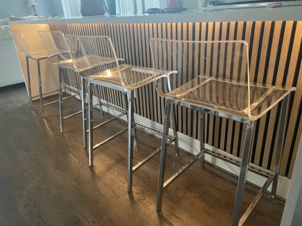 Cb2 Acrylic counter height stools with nickel legs 1