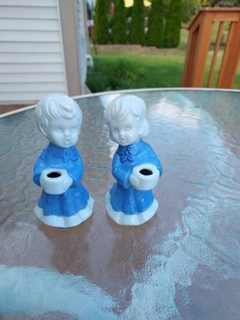 MCM Vintage Miniature Porcelain Blue Angels Christmas Candleholders 1