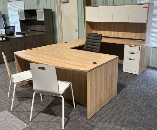 Bow Front U Shaped Desk with Overhead Storage 1