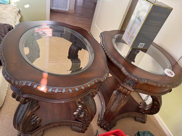 2 Wood end / side tables with glass top 1
