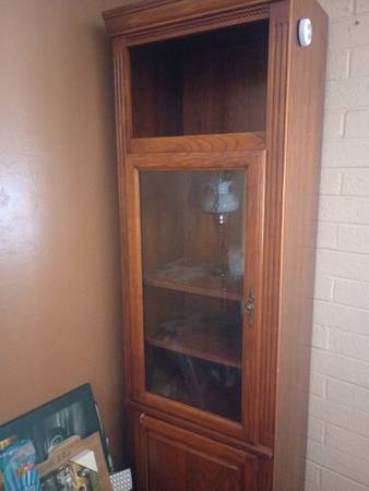 Vintage g e gas stove 2 dressers til. 6 pm w, wood cabinet glass front 1