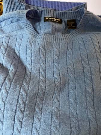 New Richard Waithe Cabled Mens 100% Cashmere Cornflower Sweater 1