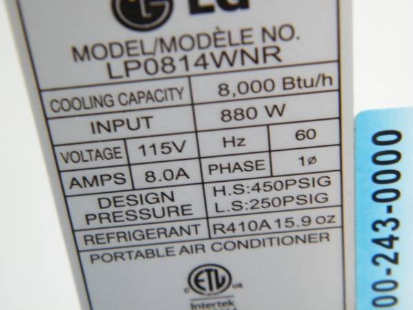 LG Portable Air Conditioner Model LP0814WNR With Window  Vent - $60 (Bellingham)63435861784963123