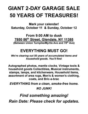 GIANT 2-DAY GARAGE SALE
50 YEARS OF TREASURES! 1