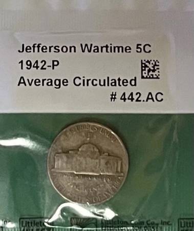 Coin 🪙 1942-P Jefferson War Time 5 cent Nickel Coin, silver 1