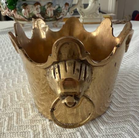 MCM Brass Crown Shape w/ scalloped edge w/Lions heads cachepot 1