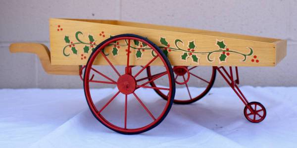 HOLIDAY WOODEN PULL CART DECORATED WITH HOLLY 9" TALL 1