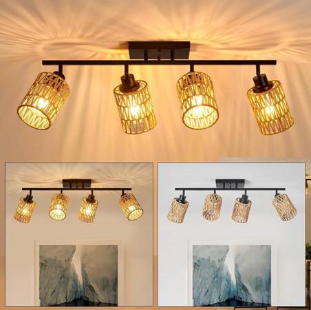 4-Light Track Lighting - Black & Natural Rattan Shades 1