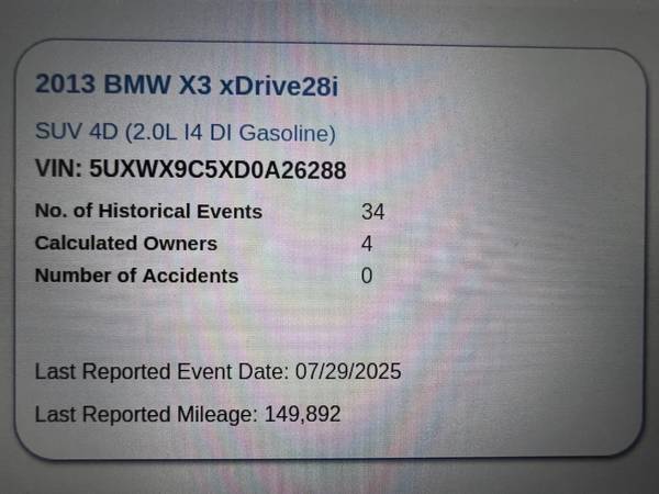 2013 BMW X3 XDRIVE28i AWD AZUL CON TAPIZADO BEIGE ~Navegación~Cámara~Techo panorámico - $5.000 (Tampa)63443805389441121