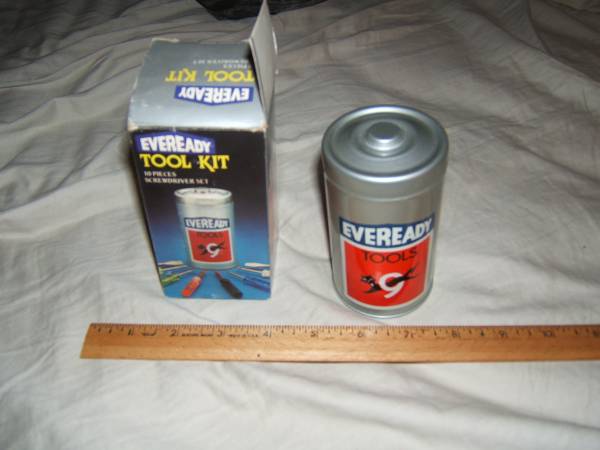 VINTAGE EVEREADY TOOLS MINI SCREWDRIVER SET TIN CAN COMPLETE 80's 1
