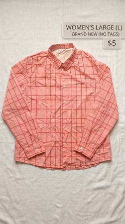 ⁠nwot womens large salmon and white grid plaid button down long sleeve blouse  1