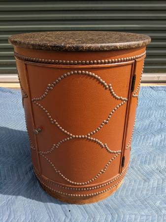 Round Barrel/Drum Accent Table Cabinet Ft. Granite-top, Leather-wrap 1