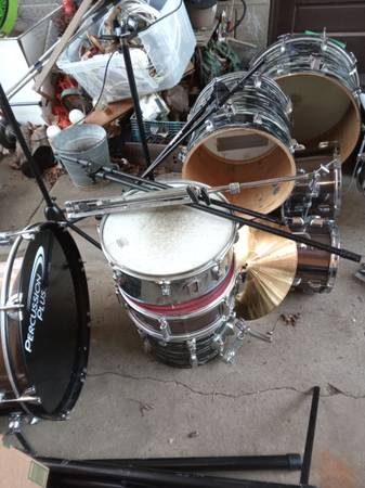 Percussion plus drum set with extra drums and microphone stands 1