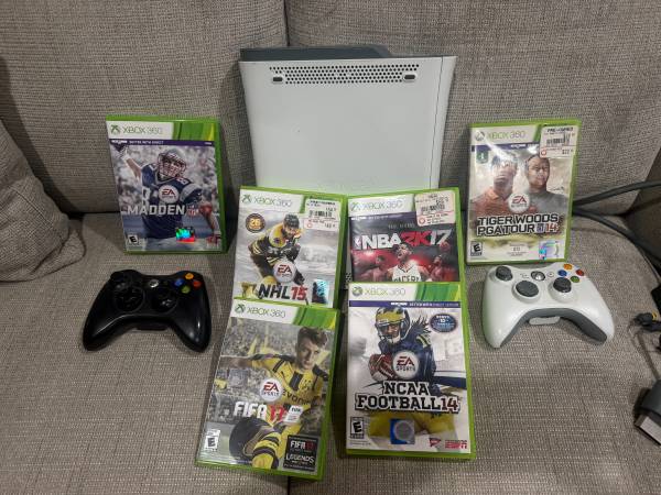 Xbox 360 with controllers, hardware, and 6 sports games 1