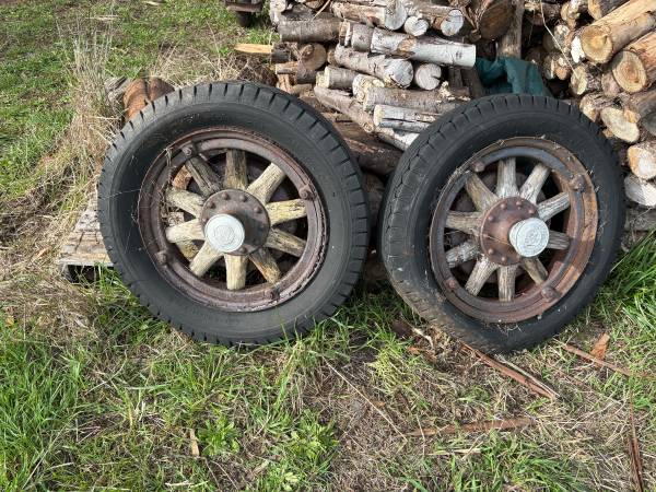 Antique woodspoke wheels with tires (two) 1