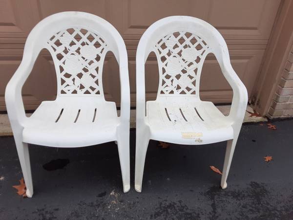 THANKSGVIING. 2 lawn chairs for $20.00. White plastic chairs 1