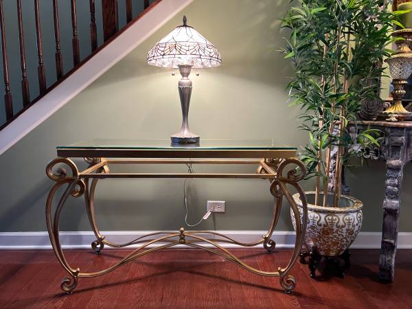Like New Bernhardt Glass Top Scroll Iron Base Sofa Table 1