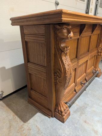 Vintage Oak Bar with Brass Rail and Top and Carved Lions - $925 (Hillsborough)63470912971521122