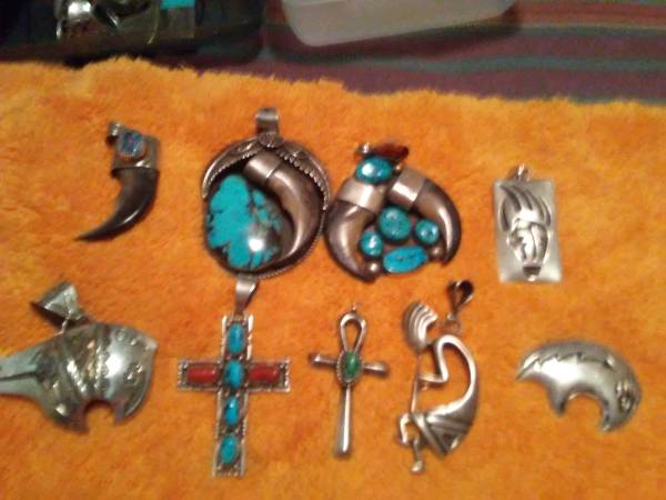 Turquoise sterling silver, coral and bear claw pendants 1